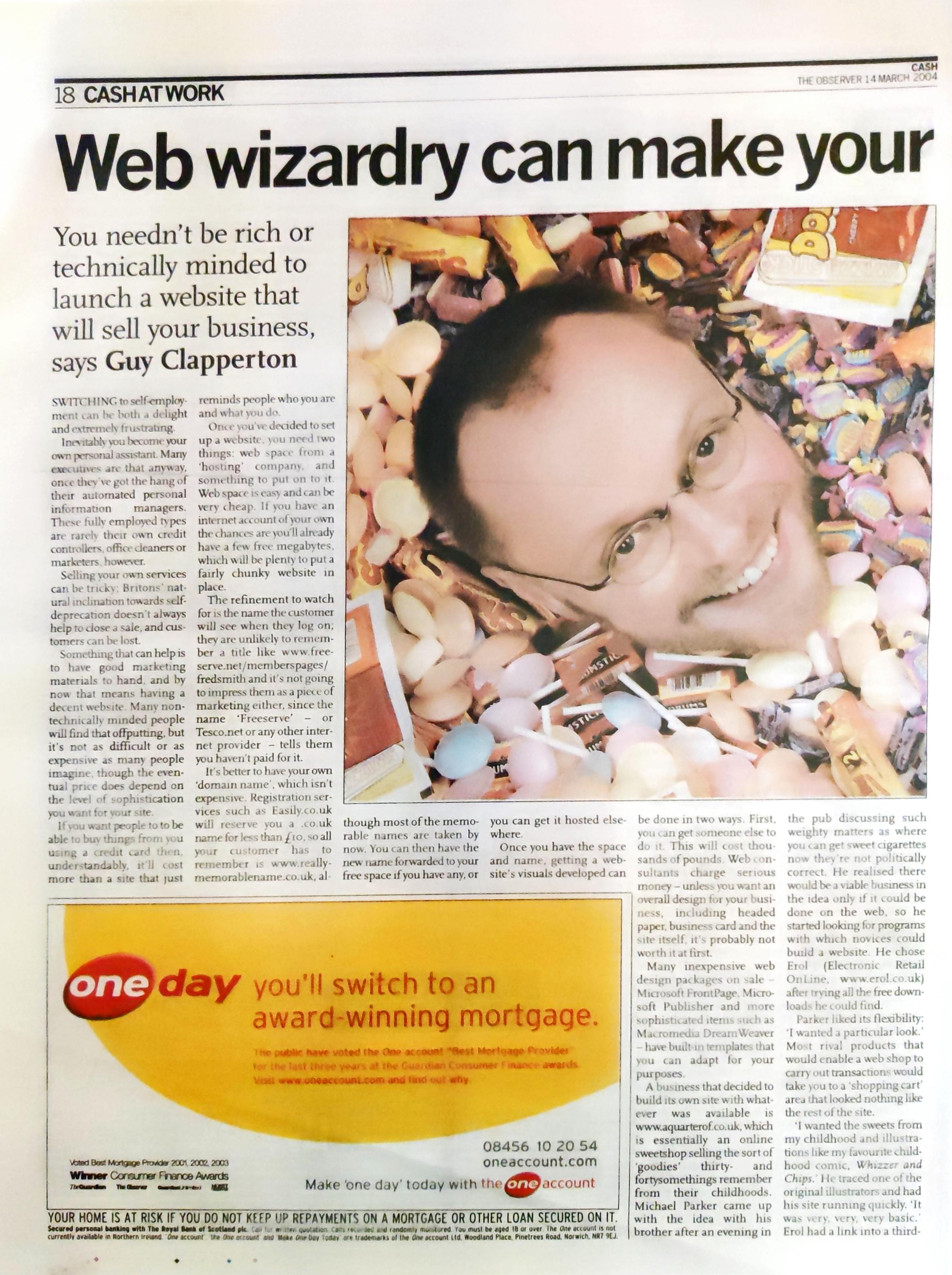 Michael Parker featured in The Observer newspaper, March 2004 -- surrounded by retro sweets at A Quarter Of