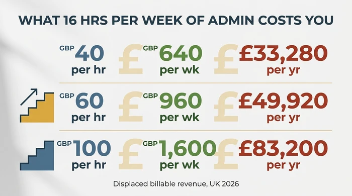 Three-row cost grid showing how 16 hours a week of admin converts to 33,280, 49,920, or 83,200 GBP a year at hourly rates of 40, 60, and 100 GBP respectively.