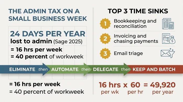 Summary infographic showing UK small businesses lose 24 days a year (16 hours a week, 40 percent of the workweek) to admin, with the top three time sinks ranked and the Eliminate-Automate-Delegate-Keep decision order, ending in a 49,920 GBP annual cost example.