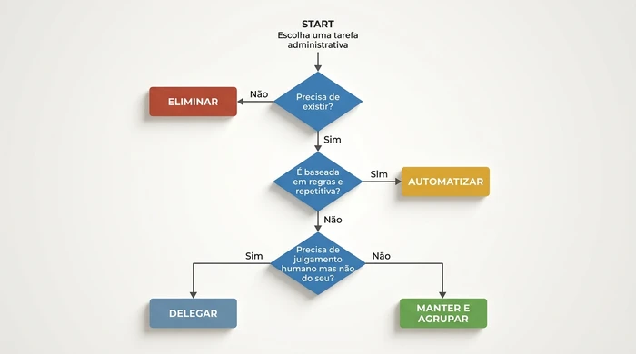 Fluxograma de árvore de decisão para qualquer tarefa administrativa, que coloca três perguntas sim/não e encaminha para um de quatro resultados: Eliminar, Automatizar, Delegar ou Manter e Agrupar.