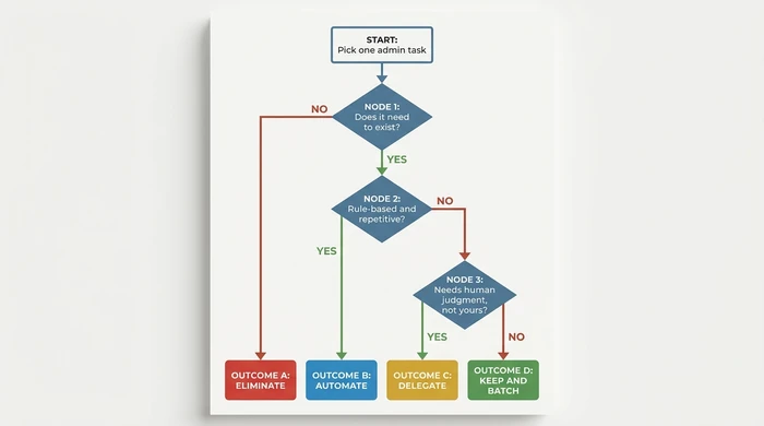 Decision tree flowchart for any admin task, asking three yes/no questions and routing to one of four outcomes: Eliminate, Automate, Delegate, or Keep and Batch.