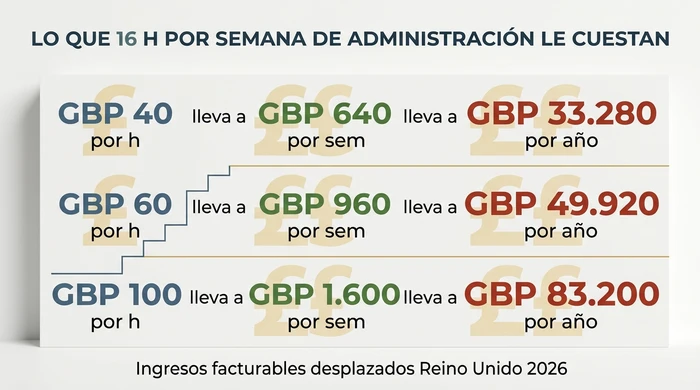 Cuadrícula de coste de tres filas que muestra cómo 16 horas a la semana de administración se convierten en GBP 33.280, GBP 49.920 o GBP 83.200 al año en ingresos facturables desplazados a tarifas horarias de GBP 40, GBP 60 y GBP 100 respectivamente.