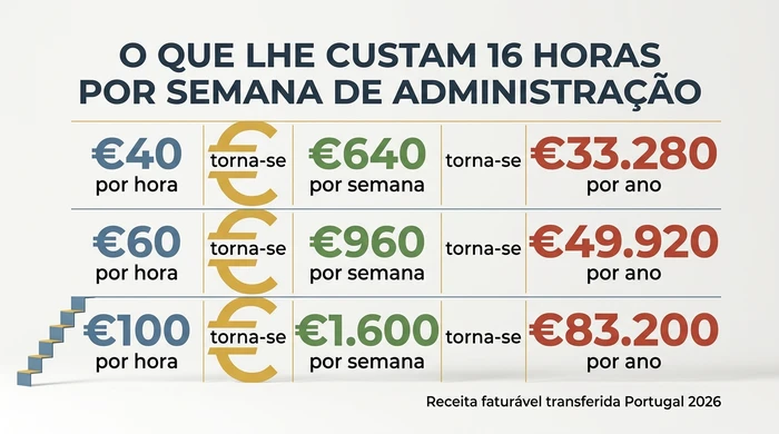 Grelha de custos de três linhas que mostra como 16 horas por semana de admin se convertem em €33.280, €49.920 ou €83.200 por ano em receita faturável deslocada, a taxas horárias de €40, €60 e €100 respetivamente.