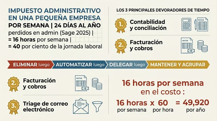 Infográfico resumen que muestra que las pequeñas empresas del Reino Unido pierden 24 días al año (16 horas a la semana, 40 por ciento de la jornada laboral) en tareas administrativas, con los tres principales consumidores de tiempo clasificados y el orden de decisión Eliminar-Automatizar-Delegar-Conservar, terminando con un ejemplo de coste anual de GBP 49.920.