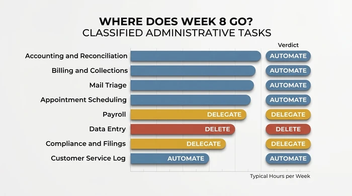 Gráfico de barras horizontales clasificadas de ocho tareas administrativas para una pequeña empresa, con cada barra etiquetada por color según el veredicto: contabilidad, facturación, triaje de correo, programación de citas y registro de atención al cliente marcadas como Automatizar, nóminas y cumplimiento marcados como Delegar, e introducción de datos marcada como Eliminar.