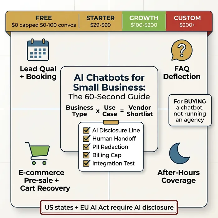 Summary infographic showing AI chatbot pricing tiers from $0 free to $200+ custom, the four core SMB use cases, the business-type by use-case decision axis, a five-item pre-go-live checklist, and the US/EU disclosure requirement.