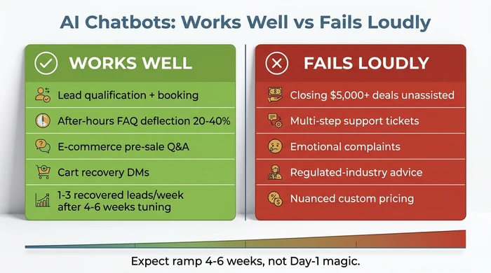 Two-panel comparison contrasting AI chatbot strengths like FAQ deflection at 20-40 percent and lead booking against weaknesses like closing high-ticket deals and handling regulated-industry advice, with a four to six week ramp note.