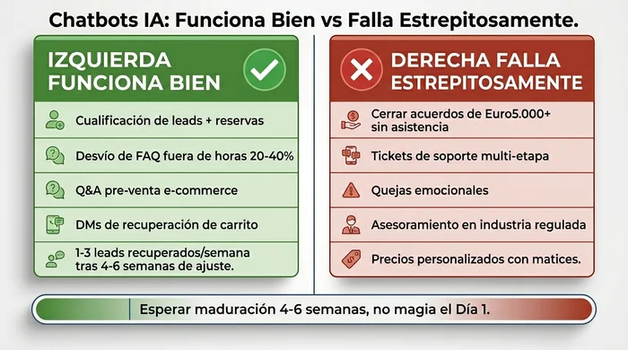 Comparación de dos paneles que contrasta las fortalezas de los chatbots IA como desvío de FAQ al 20-40 por ciento y reserva de leads frente a debilidades como cerrar tratos de alto valor y manejar asesoría en sectores regulados, con una nota de rampa de cuatro a seis semanas.