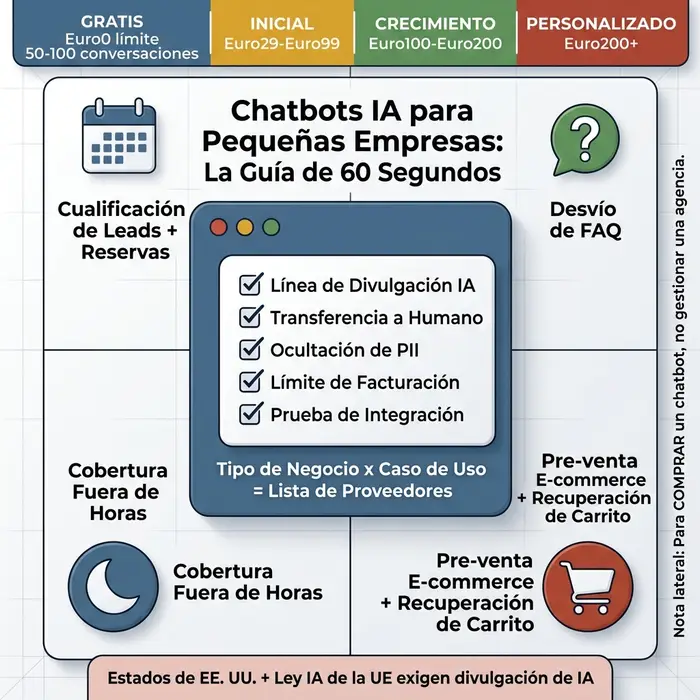 Infográfico resumen que muestra los niveles de precios de chatbots IA desde Euro0 gratis hasta Euro200+ personalizado, los cuatro casos de uso principales para PYMES, el eje de decisión tipo de negocio por caso de uso, una lista de verificación de cinco elementos previa al lanzamiento y el requisito de divulgación en EE.UU. y la UE.