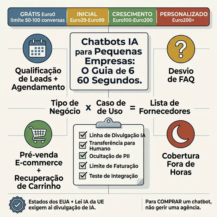 Infográfico-resumo mostrando os escalões de preços de chatbots IA de Euro0 grátis a Euro200+ personalizado, os quatro casos de uso principais para PME, o eixo de decisão tipo-de-negócio por caso-de-uso, uma lista de verificação de cinco itens pré-lançamento e o requisito de divulgação dos EUA/UE.