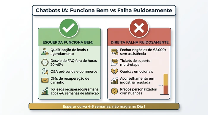 Comparação em dois painéis contrastando pontos fortes dos chatbots IA como desvio de FAQ a 20-40 por cento e agendamento de leads contra fraquezas como fechar negócios de alto valor e lidar com aconselhamento em indústrias reguladas, com uma nota de curva de quatro a seis semanas.