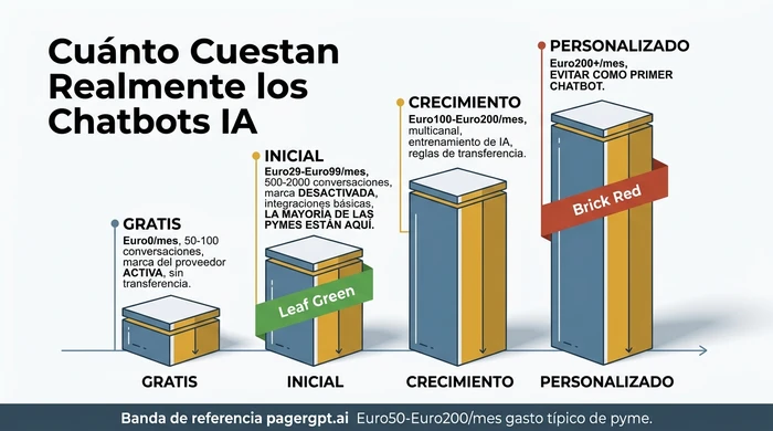 Comparación por columnas de cuatro niveles de precios de chatbots IA que muestra gratis a Euro0 con 50-100 conversaciones, inicial a Euro29-Euro99 como la elección típica de PYMES, crecimiento a Euro100-Euro200 y personalizado a Euro200+ marcado para evitar como primer chatbot.