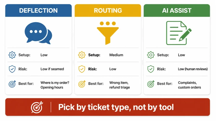 Side-by-side comparison of the three AI customer service modes — deflection, routing, and AI assist — showing setup effort, quality risk, and best-fit ticket type for each, framed as an editorial pick-by-ticket-type guide rather than a tool ranking.