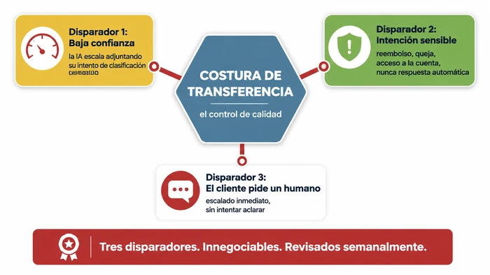 Mapa conceptual de la costura de transferencia en el servicio al cliente con IA, con tres disparadores de escalado radiando desde un núcleo central: baja confianza de la IA, intención sensible (reembolso, queja, acceso a la cuenta) y una petición explícita del cliente de hablar con un humano.