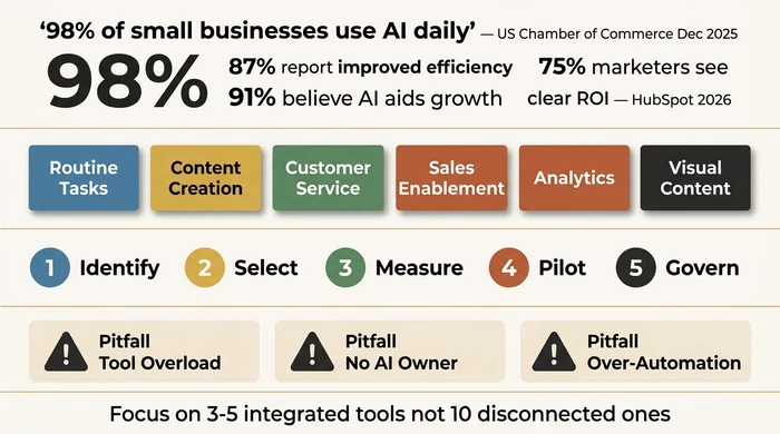 Summary infographic showing AI adoption statistics for small business in 2026: 98% daily AI usage, 87% efficiency gains, six key use case categories from routine tasks to visual content, the five-step implementation roadmap (Identify, Select, Measure, Pilot, Govern), and three named pitfalls — tool overload, no AI owner, and over-automation.
