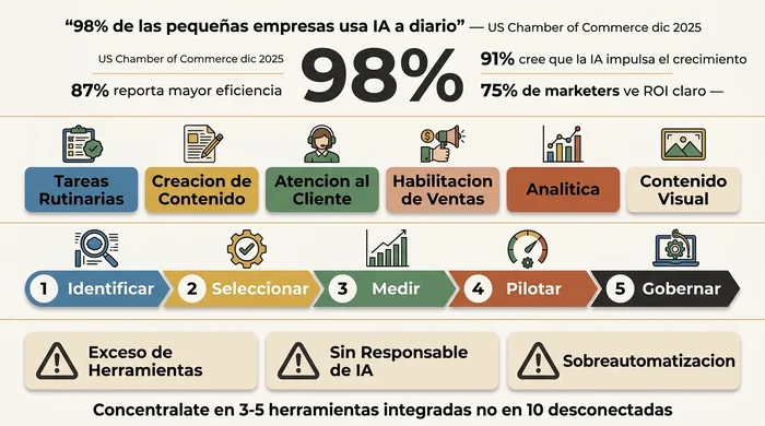 Infografía resumen que muestra estadísticas de adopción de IA en pequeñas empresas en 2026: 98% de uso diario de IA, 87% de mejora en eficiencia, seis categorías clave de casos de uso desde tareas rutinarias hasta contenido visual, la hoja de ruta de implementación de cinco pasos (Identificar, Seleccionar, Medir, Pilotar, Gobernar), y tres errores comunes identificados: exceso de herramientas, ausencia de responsable de IA y sobreautomatización.