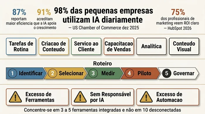Infográfico de resumo mostrando estatísticas de adoção de IA para pequenas empresas em 2026: 98% de utilização diária de IA, 87% de ganhos de eficiência, seis categorias de casos de uso desde tarefas de rotina até conteúdo visual, o roteiro de implementação de cinco passos (Identificar, Selecionar, Medir, Piloto, Governar) e três armadilhas identificadas — excesso de ferramentas, ausência de responsável por IA e excesso de automação.