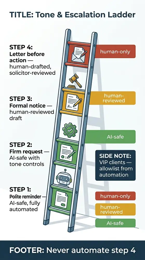 Four-step escalation ladder showing which chaser stages AI can handle safely (polite reminder, firm request), which need human review (formal notice), and which must stay human-only (letter before action).