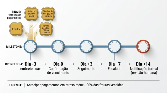 Cronologia a mostrar como as ferramentas de cobranca com IA usam sinais como o historico de pagamentos do cliente e o valor da fatura para desencadear uma sequencia de lembretes que vai desde tres dias antes do vencimento ate uma notificacao formal revista por humanos no dia catorze.