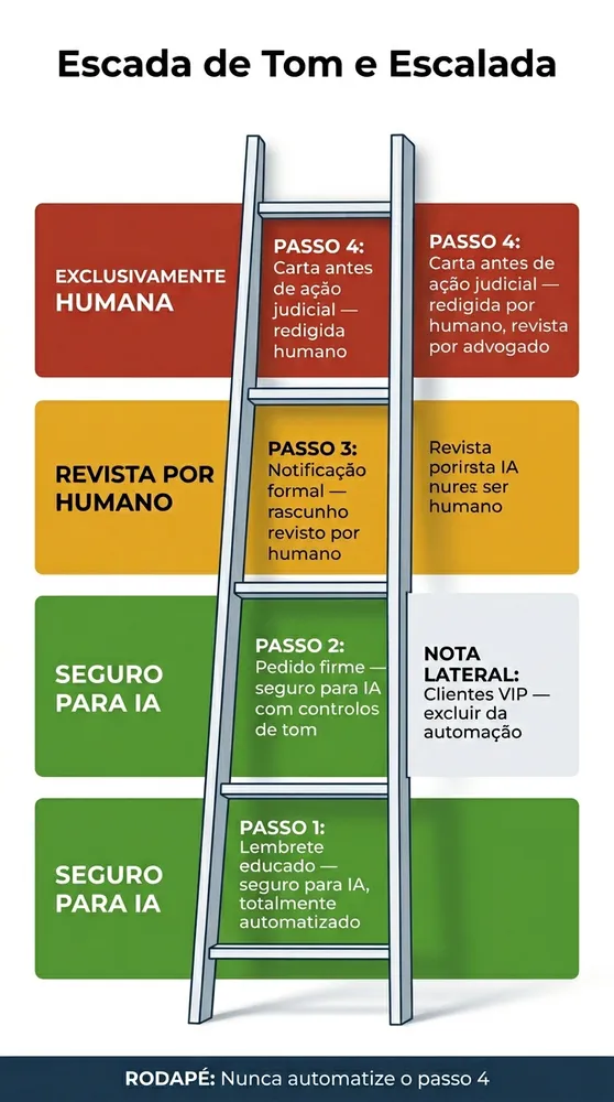 Escada de escalada com quatro passos a mostrar que fases de cobranca a IA pode tratar em seguranca (lembrete educado, pedido firme), quais precisam de revisao humana (notificacao formal) e quais tem de permanecer exclusivamente humanas (carta antes de acao judicial).