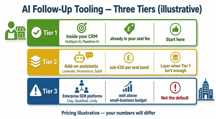 Three-tier comparison of AI follow-up tooling for small businesses: Tier 1 inside your existing CRM, Tier 2 add-on assistants, Tier 3 enterprise SDR platforms, with a 'start at Tier 1' verdict for founder-sellers. Pricing bands shown are illustrative — your own vendor pricing will differ.