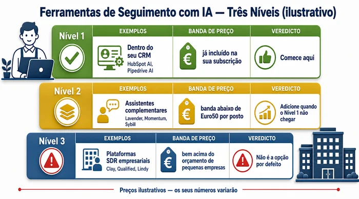 Comparação em três níveis de ferramentas de seguimento com IA para pequenas empresas: Nível 1 dentro do seu CRM existente, Nível 2 assistentes complementares, Nível 3 plataformas SDR empresariais, com o veredicto 'comece pelo Nível 1' para fundadores-vendedores. As bandas de preços apresentadas são ilustrativas — os preços dos seus fornecedores variarão.