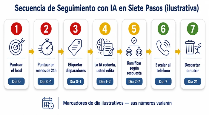 Flujo de proceso de siete pasos para el seguimiento de ventas con IA: puntuar el lead, puntuar en menos de 24 horas, etiquetar disparadores, la IA redacta usted edita, ramificar según respuesta, escalar al teléfono en el día 7, descartar o nutrir en el día 21. Los marcadores de día son ilustrativos — su propia secuencia variará.