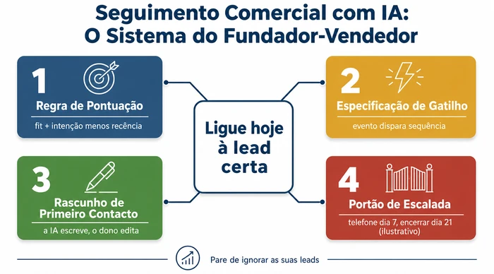 Infográfico de resumo do sistema de seguimento comercial com IA em quatro componentes para fundadores-vendedores: regra de pontuação, especificação de gatilho, rascunho de primeiro contacto e portão de escalada, todos a alimentar o objetivo central de ligar hoje à lead certa. Os marcadores de dia apresentados são ilustrativos — o tempo da sua própria sequência variará.