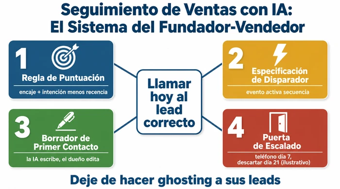 Infografía resumen del sistema de seguimiento de ventas con IA de cuatro componentes para fundadores-vendedores: regla de puntuación, especificación de disparador, borrador de primer contacto y puerta de escalado, todos alimentando el objetivo central de llamar hoy al lead correcto. Los marcadores de día mostrados son ilustrativos — los tiempos de su propia secuencia variarán.
