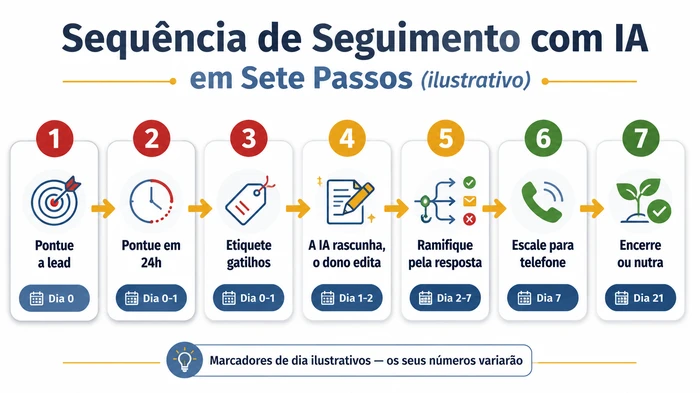 Fluxo de processo em sete passos para seguimento comercial com IA: pontuar a lead, pontuar em 24 horas, etiquetar gatilhos, a IA rascunha e o dono edita, ramificar pela resposta, escalar para telefone ao dia 7, encerrar ou nutrir ao dia 21. Os marcadores de dia são ilustrativos — a sua própria sequência variará.