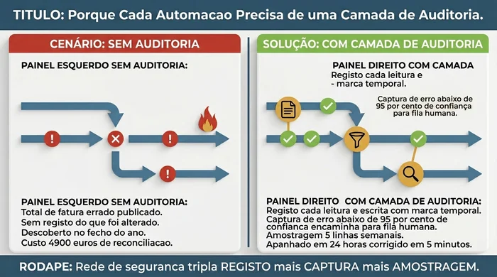 Comparação antes e depois que mostra uma automação sem camada de auditoria a produzir um total de factura errado descoberto apenas no fecho do ano (custo de reconciliação de Euro4.900), face à mesma automação protegida por uma rede de segurança tripla — registo com marca temporal, captura de erro que encaminha análises de baixa confiança para uma fila humana e verificação semanal por amostragem de cinco linhas — apanhando o mesmo erro em 24 horas.