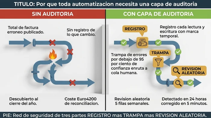 Comparación antes-después que muestra una automatización sin capa de auditoría que produce un total de factura erróneo descubierto al cierre del año (coste de Euro4.200 en reconciliación), frente a la misma automatización protegida por una red de seguridad de tres partes — registro con marca temporal, trampa de errores que enruta los análisis de baja confianza a una cola humana y revisión aleatoria semanal de cinco filas — que detecta el mismo error en 24 horas.