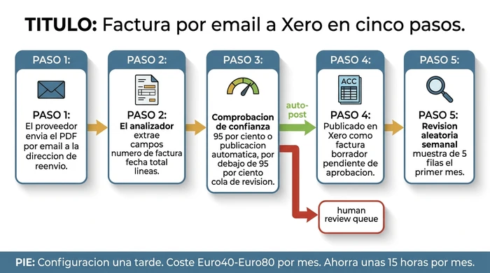 Flujo de proceso de cinco pasos que muestra cómo una factura de proveedor pasa de la llegada por email a una factura borrador en Xero — el proveedor envía el PDF por email, el analizador extrae campos, la comprobación de confianza enruta las facturas de alta confianza a publicación automática y las de baja confianza a una cola de revisión humana, la factura borrador aterriza en Xero pendiente de aprobación, con revisiones aleatorias semanales — con un coste de Euro40-Euro80/mes y un ahorro aproximado de 15 horas/mes.