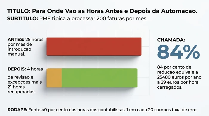 Gráfico de barras empilhadas que mostra uma pequena empresa típica a processar 200 facturas por mês a gastar 25 horas por mês em introdução manual antes da automação, descendo para 4 horas de revisão e excepções após a automação — uma redução de 84% equivalente a Euro25.480 por ano recuperados a uma taxa carregada de Euro29/hora.