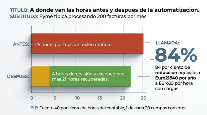 Gráfico de barras apiladas que muestra una pyme típica procesando 200 facturas al mes dedicando 25 horas mensuales a tecleo manual antes de la automatización, reduciéndose a 4 horas de revisión y excepciones después — una reducción del 84% equivalente a Euro21.840 al año recuperados a una tarifa cargada de Euro25/hora.