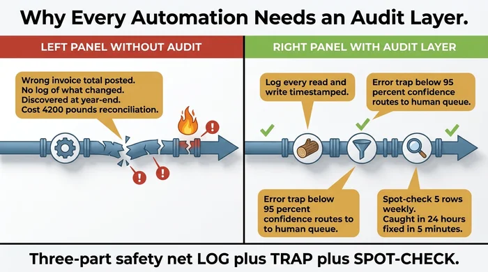 Before-and-after comparison showing an automation without an audit layer producing a wrong invoice total discovered at year-end (£4,200 reconciliation cost), versus the same automation protected by a three-part safety net — timestamped log, error trap routing low-confidence parses to a human queue, and weekly five-row spot-check — catching the same error within 24 hours.