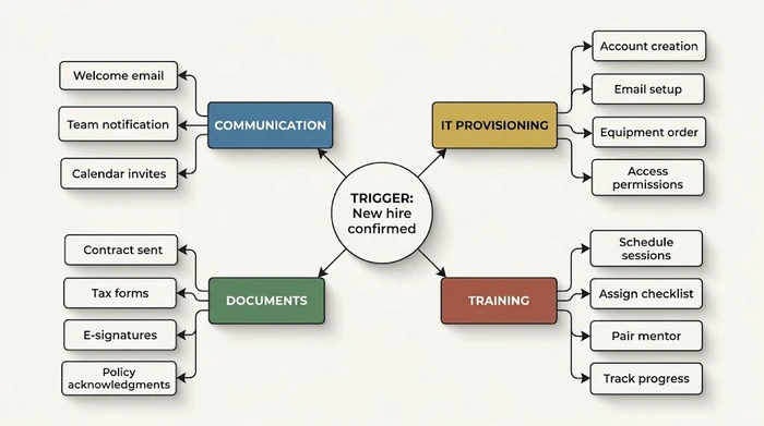 Automated onboarding workflow showing how one trigger event creates 12 automated actions across communication, IT, documents, and training