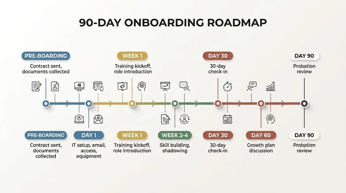 90-day onboarding automation timeline from pre-boarding through probation review