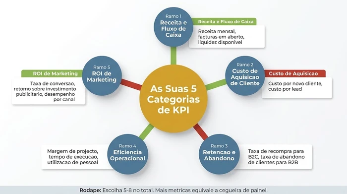 Mapa conceptual radial que mostra cinco categorias de KPI que todas as pequenas empresas devem acompanhar: receita e fluxo de caixa, custo de aquisição de cliente, retenção e abandono com distinções B2B e B2C, eficiência operacional e ROI de marketing, cada uma com 2-3 métricas de exemplo específicas e um aviso para escolher apenas 5-8 no total para evitar a cegueira de painel.
