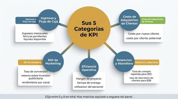 Mapa conceptual radial que muestra las cinco categorías de KPI que toda pequeña empresa debe seguir: ingresos y flujo de caja, costo de adquisición de clientes, retención y abandono con distinciones entre B2B y B2C, eficiencia operativa y ROI de marketing, cada una con 2-3 métricas de ejemplo específicas y una advertencia para seleccionar únicamente entre 5 y 8 en total para evitar la ceguera del panel.