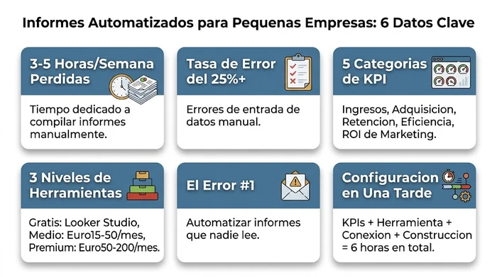 Infográfico que muestra seis datos clave sobre los informes automatizados para pequeñas empresas: 3-5 horas por semana perdidas en informes manuales, una tasa de error del 25% en la entrada de datos manual, cinco categorías de KPI que toda pequeña empresa debe seguir, tres niveles de precios de herramientas desde gratuito hasta Euro200 al mes, el principal error de automatizar informes que nadie lee, y una línea de tiempo de configuración de una sola tarde.