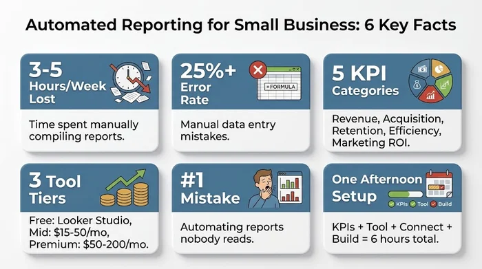 Infographic showing six key facts about automated reporting for small businesses: 3-5 hours per week lost to manual reporting, 25 percent error rate in manual data entry, five KPI categories every SME should track, three tool pricing tiers from free to 200 dollars per month, the number one mistake of automating reports nobody reads, and a one-afternoon setup timeline.