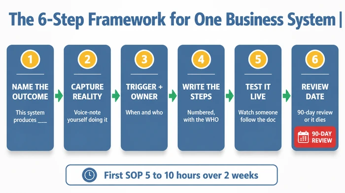 Horizontal six-stage process flow showing the framework for documenting one business system end-to-end: name the outcome, capture current reality, define trigger and owner, write the steps, test it live with another operator, and set a 90-day review date.