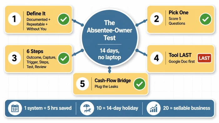 Summary infographic showing the five-step approach to building business systems that run without the owner: define a system, pick one process first, follow the six-step framework, choose tools last, and map cash-flow leaks — anchored by the Absentee-Owner Test of running the business for 14 days without opening a laptop.