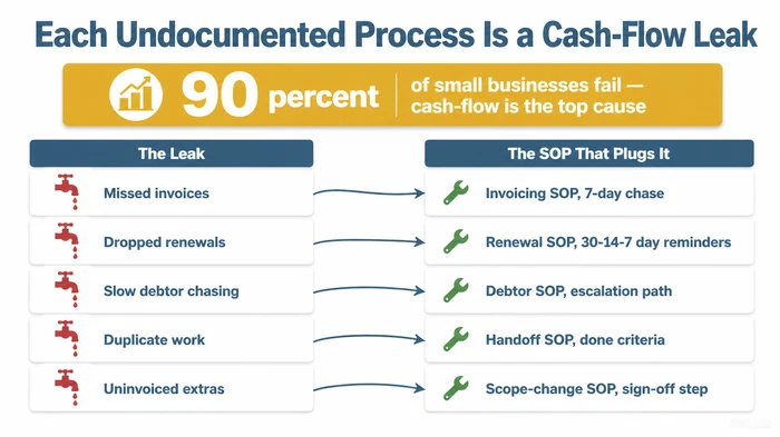 Concept map pairing five common cash-flow leaks in small businesses — missed invoices, dropped renewals, slow debtor chasing, duplicate work, and uninvoiced scope creep — with the specific Standard Operating Procedure that plugs each leak.