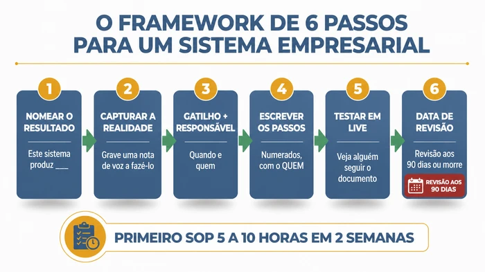 Fluxo de processo horizontal de seis fases a mostrar o framework para documentar um sistema empresarial de ponta a ponta: nomear o resultado, capturar a realidade actual, definir gatilho e responsável, escrever os passos, testar em live com outro operador, e definir uma data de revisão aos 90 dias.