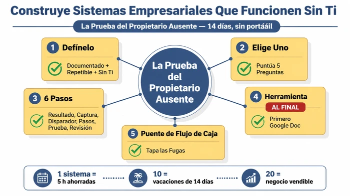 Infografía resumen que muestra el enfoque de cinco pasos para construir sistemas empresariales que funcionen sin el propietario: define un sistema, elige primero un proceso, sigue el marco de seis pasos, elige las herramientas al final y mapea las fugas de flujo de caja — todo anclado por la Prueba del Propietario Ausente de gestionar el negocio durante 14 días sin abrir un portátil.