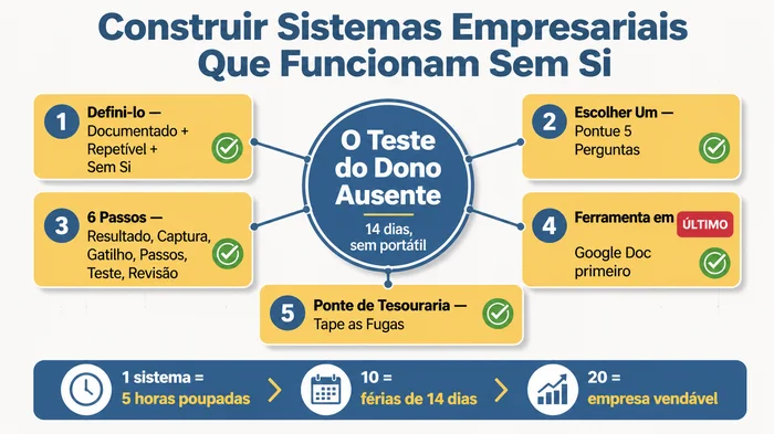 Infográfico-resumo a mostrar a abordagem em cinco passos para construir sistemas empresariais que funcionam sem o dono: definir um sistema, escolher primeiro um processo, seguir o framework de seis passos, escolher as ferramentas em último lugar, e mapear as fugas de tesouraria — ancorado pelo Teste do Dono Ausente, ou seja, gerir a empresa durante 14 dias sem abrir o portátil.