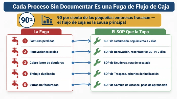 Mapa conceptual que empareja cinco fugas comunes de flujo de caja en pequeñas empresas — facturas perdidas, renovaciones caídas, cobro lento de deudores, trabajo duplicado y extras de alcance no facturados — con el Procedimiento Operativo Estándar específico que tapa cada fuga.