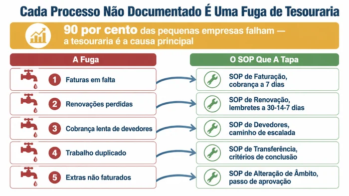 Mapa conceptual a emparelhar cinco fugas comuns de tesouraria nas pequenas empresas — faturas em falta, renovações perdidas, cobrança lenta de devedores, trabalho duplicado e extras de âmbito não faturados — com o Procedimento Operacional Padrão específico que tapa cada fuga.